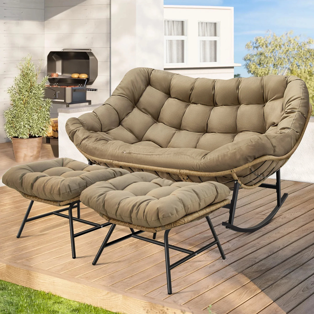 2026 NewRADIATA Beige Double Outdoor Rocking Chair, 2 Person Patio Rocking Egg Chair with Thick Cushion