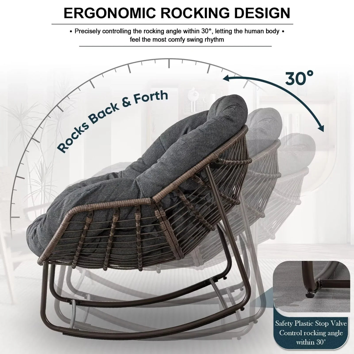 2026 NewOutdoor Papasan Rocking Chair, Patio Oversized Wicker Egg Rocking Chair, Indoor & Outdoor Comfy Rocker Chair with Thick Cushion, Modern Lounge Chair for Front Porch, Garden, Backyard, Grey