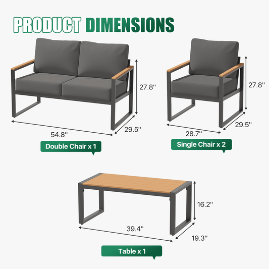 Dateyes 4-Piece Outdoor Patio Furniture Set, Modern Metal Conversation Set for Porch, Deck, Balcony (Dark Grey)