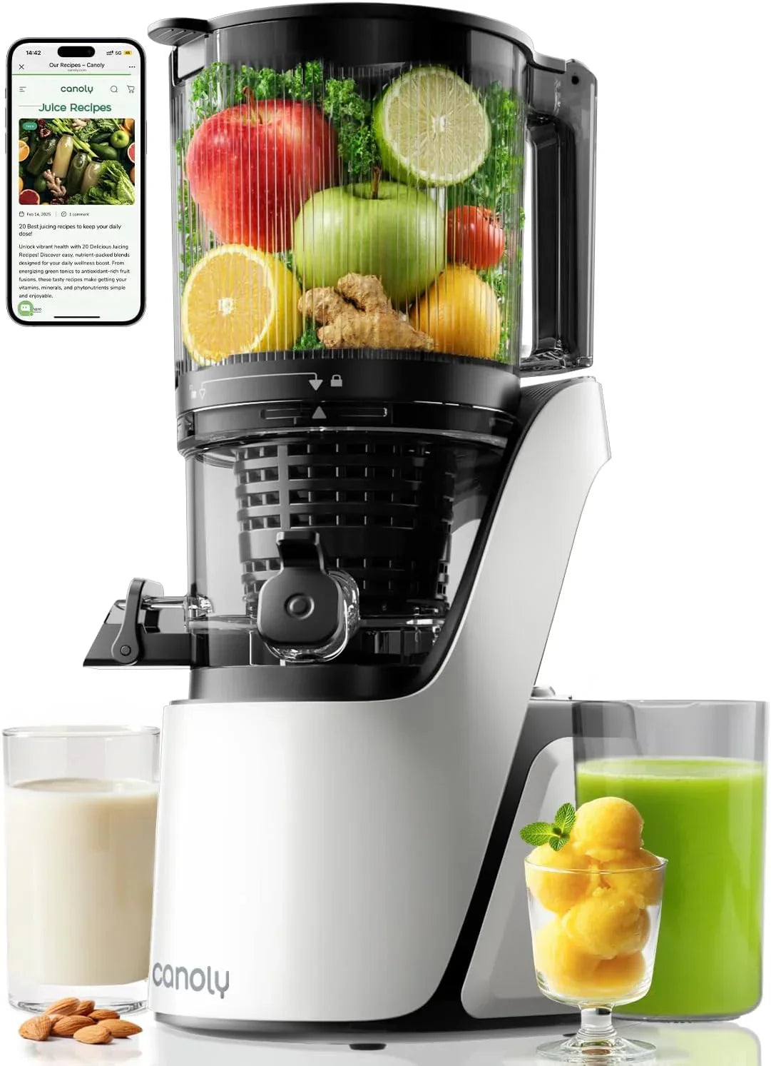 Canoly C16 Cold Press Juicer 6" Extra Wide Feed Chute 3 IN 1 Strainers AC Brushless Motor