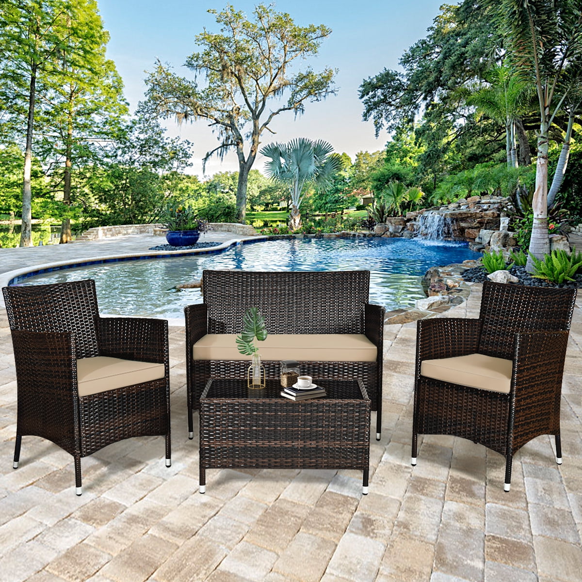 Gymax 8PCS Patio Rattan Conversation Furniture Set Outdoor w/ Brown Cushion