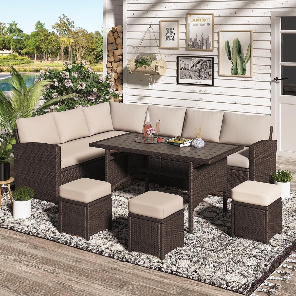 2026 NewAECOJOY 7 Piece Patio Furniture Set PE Rattan Outdoor Dining Set Sectional Sofa Couch with Table Patio Conversation Set in Gray
