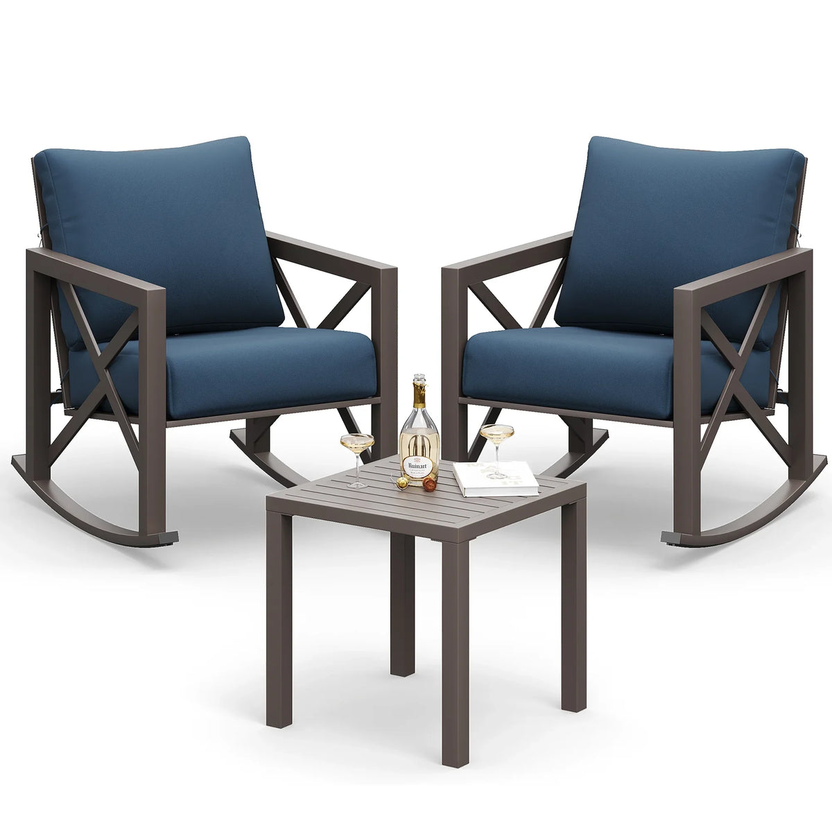 2026 NewMRUAKA Rocking Chair Bistro Set,3 Piece Outdoor Patio Furniture Set with 2 Rockers and 1 Metal Coffee Table with Thick Cushions for Porch,Backyard,Poolside,Beige