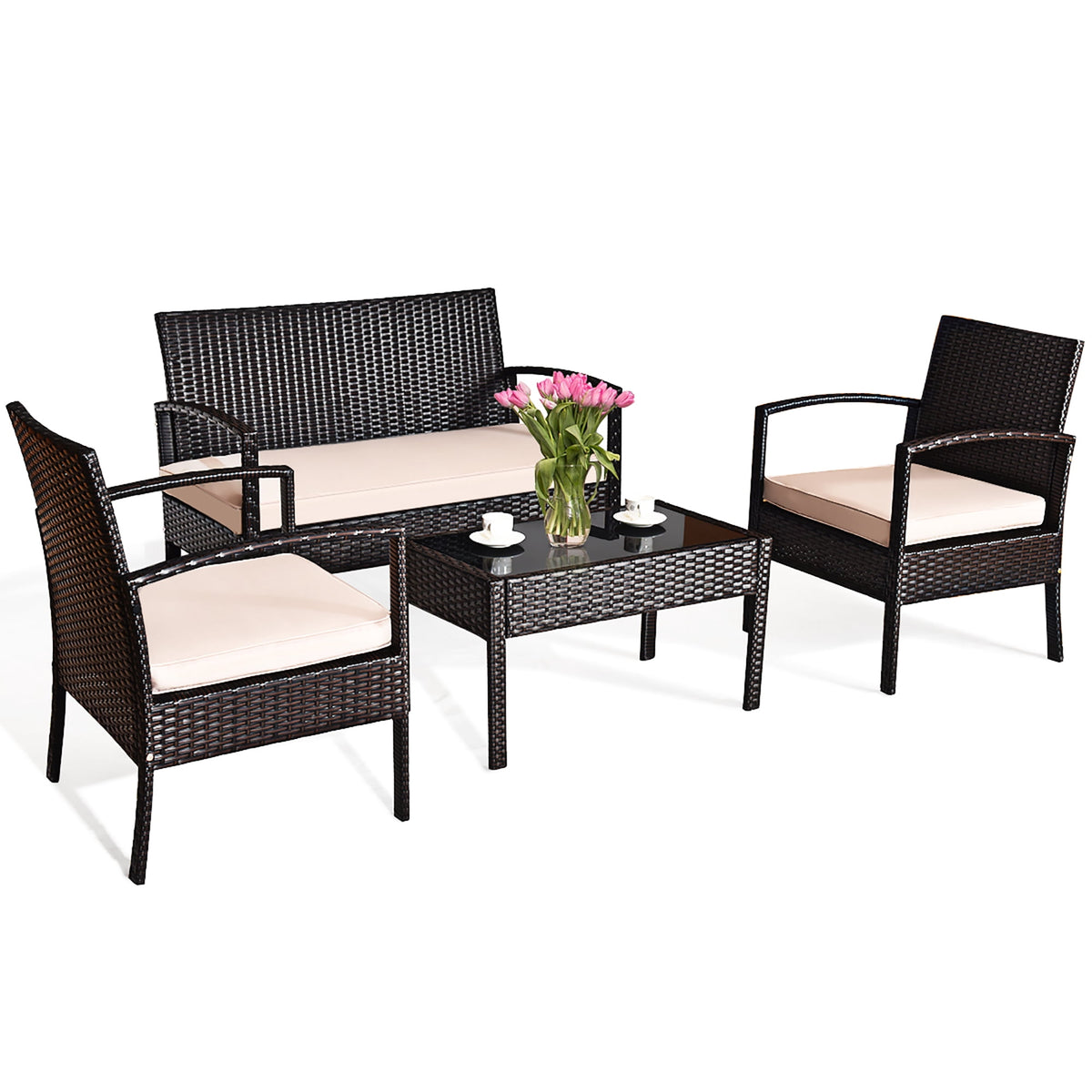 Costway 4PCS Patio Rattan Conversation Furniture Set Cushioned Seat Glass Table