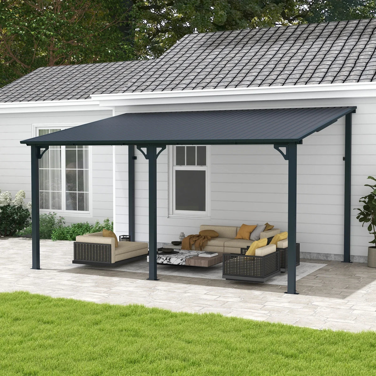 2026 New8' x 10' Outdoor Pergola Gazebo, Lean to Awnings Gazebos, Heavy Duty Hard Top Metal Pergola with Roof, for Patio, Backyard, Decks, Poolside