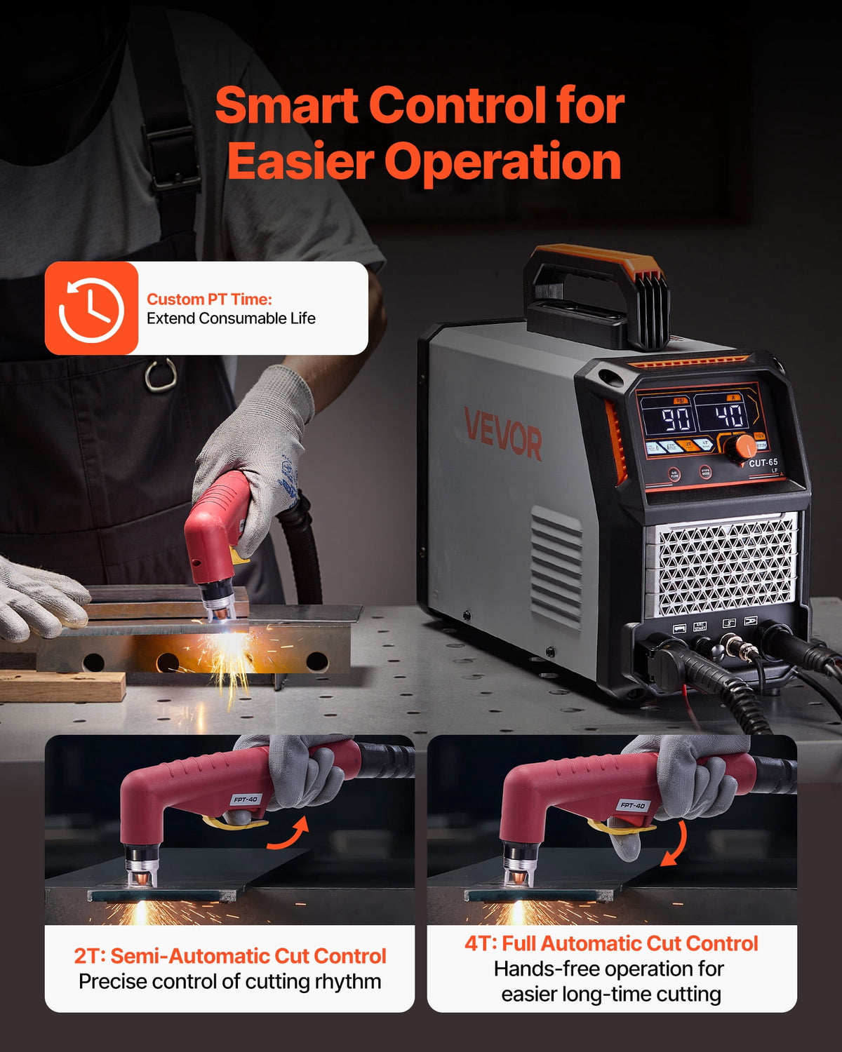 VEVOR Plasma Cutter, 65A Non-Touch Pilot Arc Plasma Cutting Machine Non-High Frequency - with 2T/4T Function & Adjustable PT Time