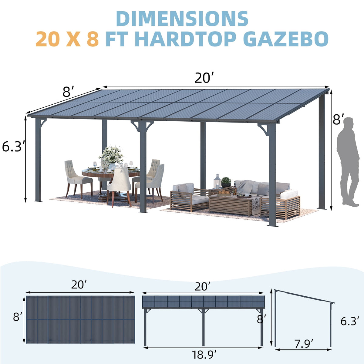 AECOJOY 8' x 20' FT Gazebo, Outdoor Waterproof Aluminum Pergola For Garden, Wall Mounted Patio Hard Top Gazebo Clearance in Black