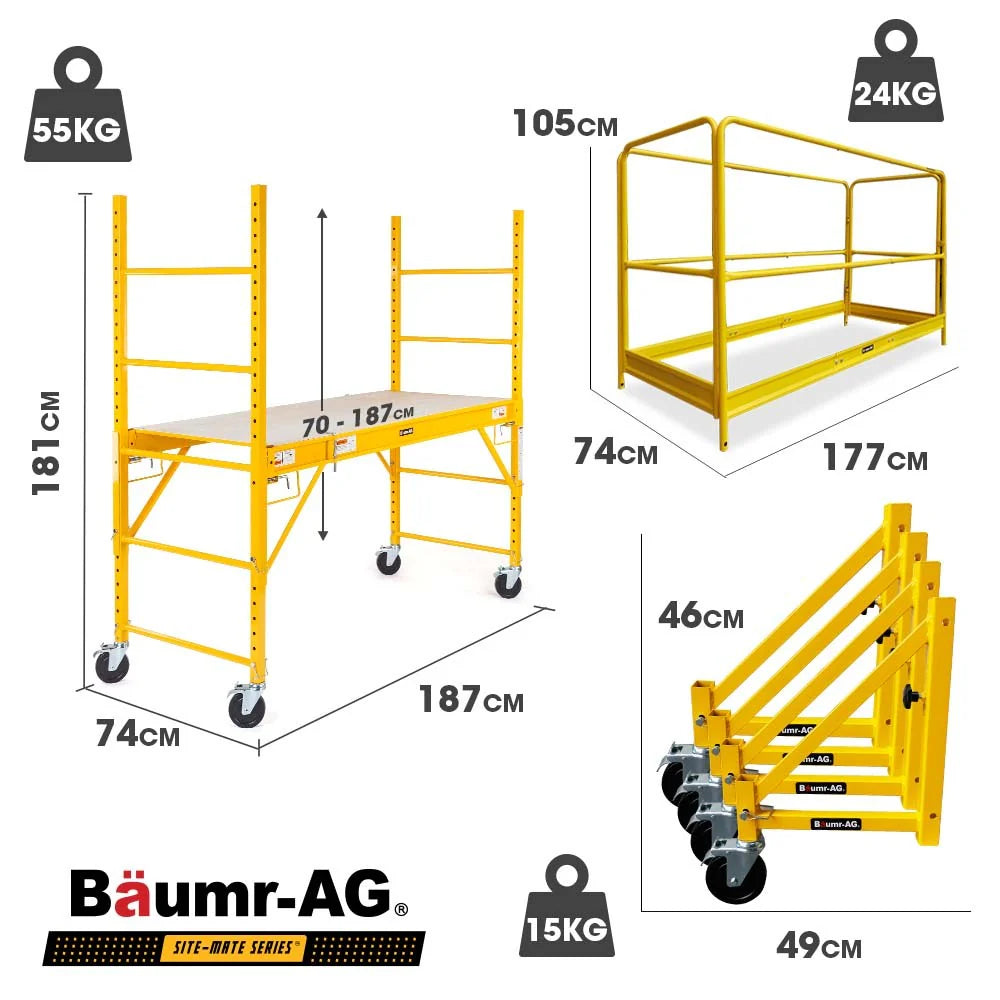 Baumr-AG 1.9 x 0.8 x 1.8m Adjustable Mobile Scaffold Platform, Guard Rail, Outrigger Wheel Set, Trapdoor Hatch