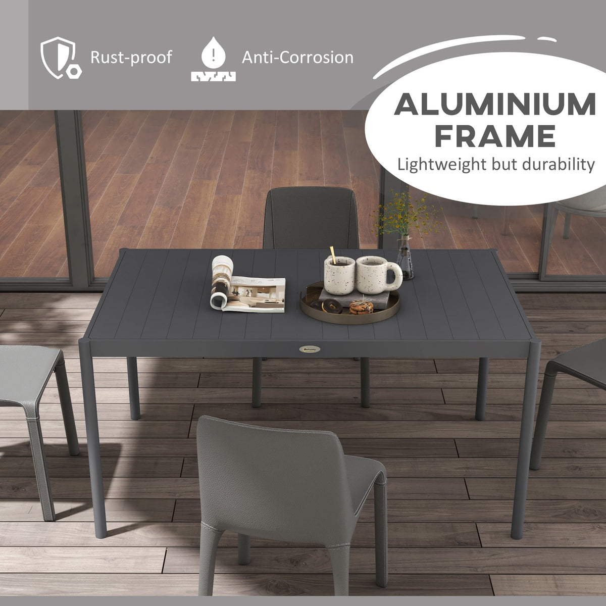 Outsunny Outdoor Dining Table w/ Aluminium Frame, Garden Table, Dark Grey