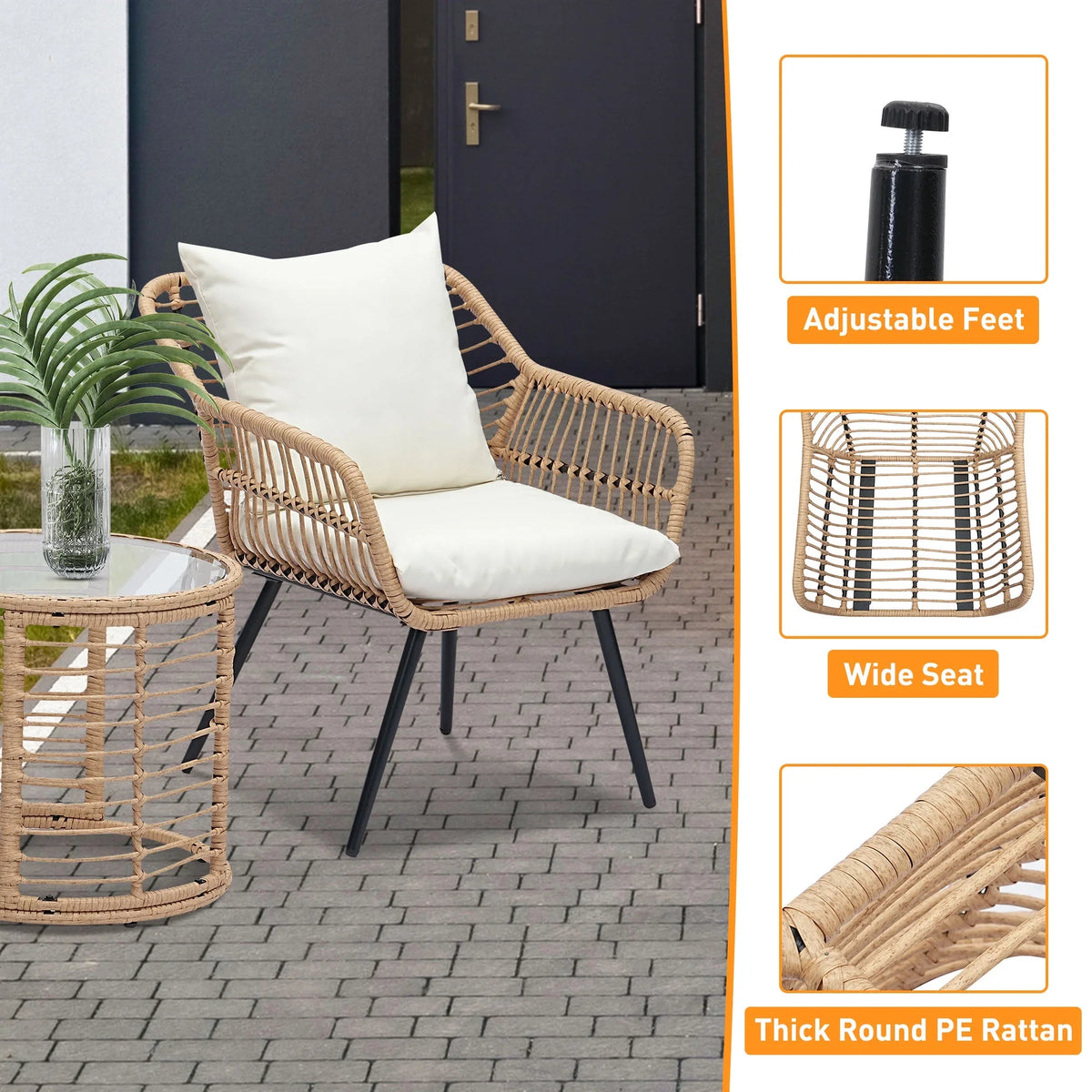 2026 NewAinfox 3-Piece Steel Outdoor Bistro Sets with Metal Chairs and Glass Top Table, Beige
