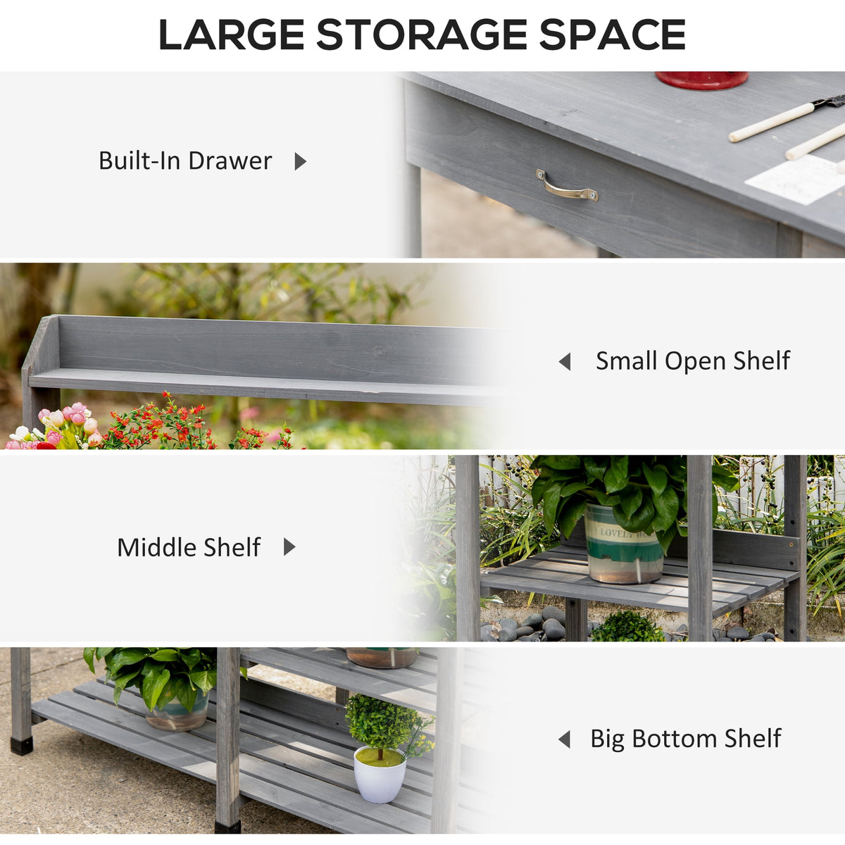 Outsunny Potting Bench Table, Natural Wood, Outdoor Workstation with Drawer, Removable Sink, Storage Shelves and Hooks