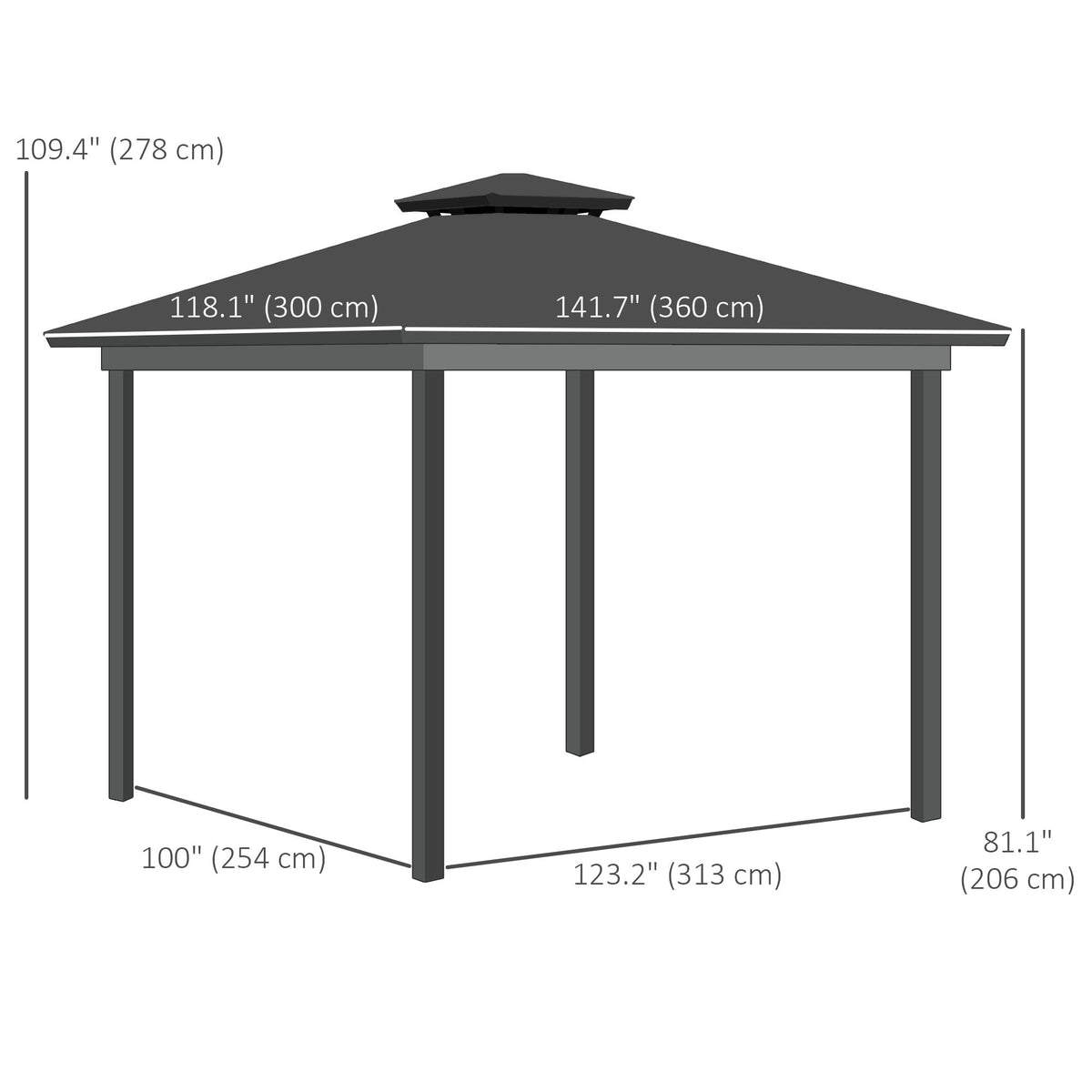 Outsunny 10' x 12' Double Roof Hardtop Gazebo with Nettings Curtains Grey