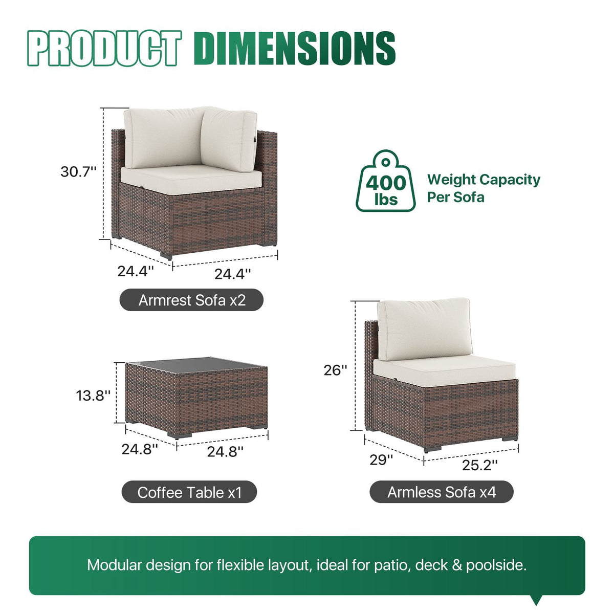 Clouddwell 7 Piece Outdoor Patio Furniture Set, Wicker Rattan Patio Sectional Sofa Sets, Off White