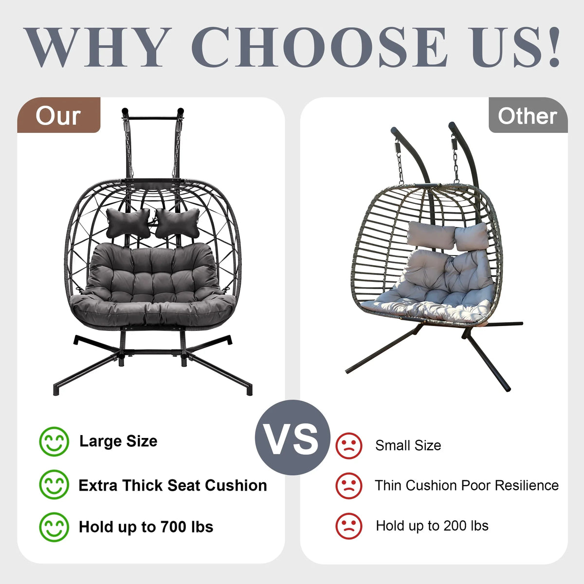 2026 NewRADIATA Double Wicker Egg Swing Chair with Stand, 2-Person Hanging Egg Chair for Indoor/Outdoor, 700lbs Capacity, Thick Cushions & Headrest,Sturdy Metal Frame"Dark Gray