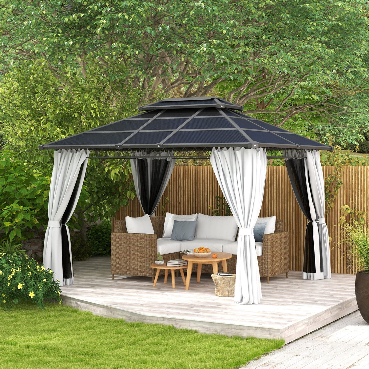 Outsunny 10' x 12' Double Roof Hardtop Gazebo with Nettings Curtains Grey