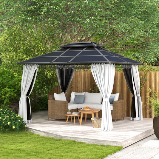 Outsunny 10' x 12' Double Roof Hardtop Gazebo with Nettings Curtains Grey