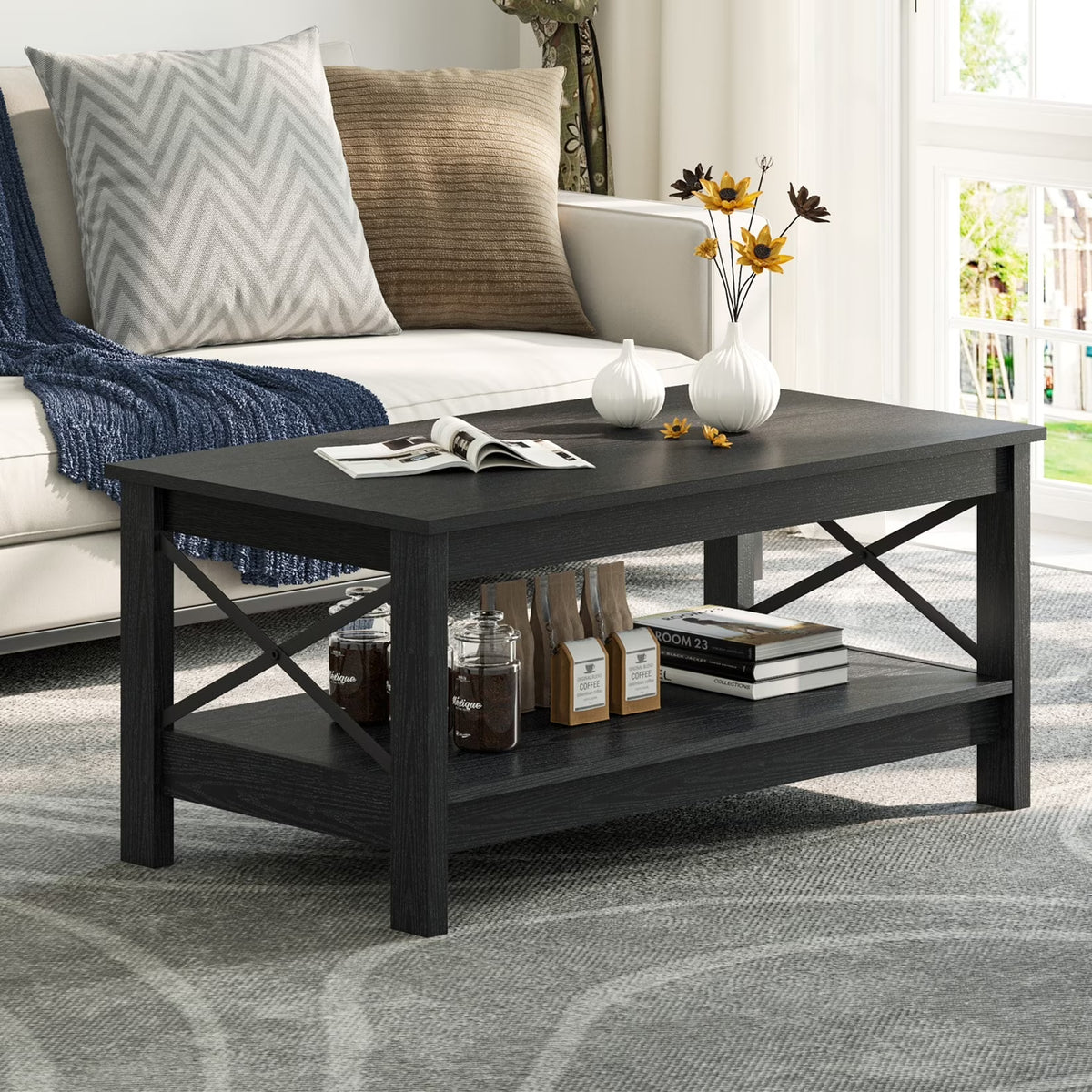 2026 NewMoasis Farmhouse Coffee Table with Storage 2-Tier Center Table for Living Room Grey Wash Top+White