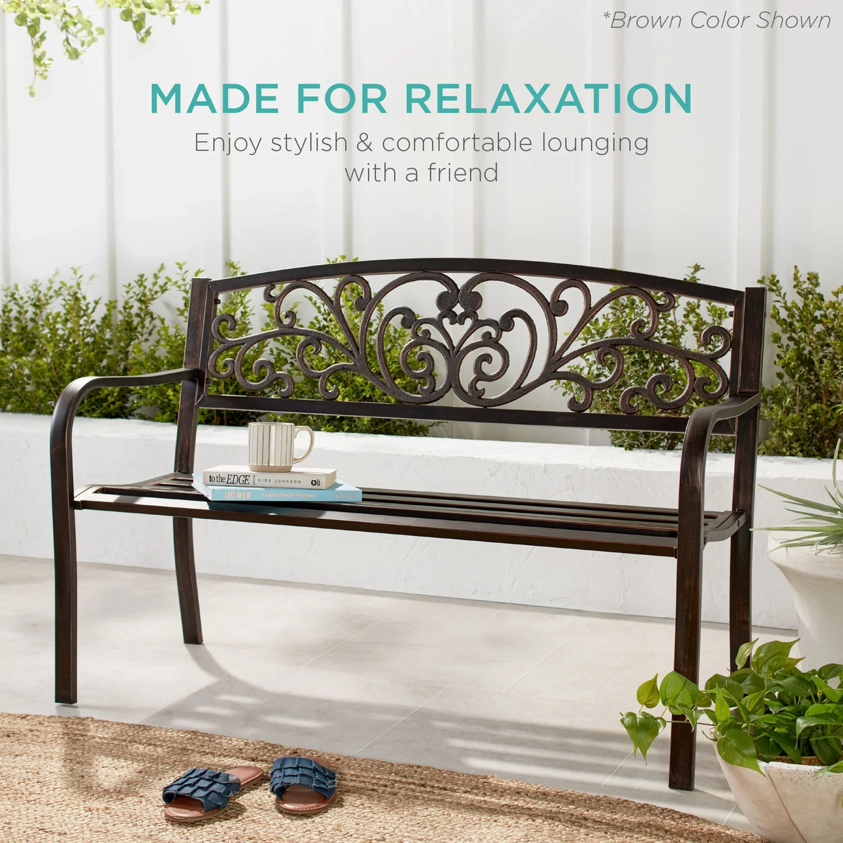 2026 NewBest Choice Products Outdoor Steel Bench Garden Patio Porch Furniture w/ Floral Design Backrest - Black