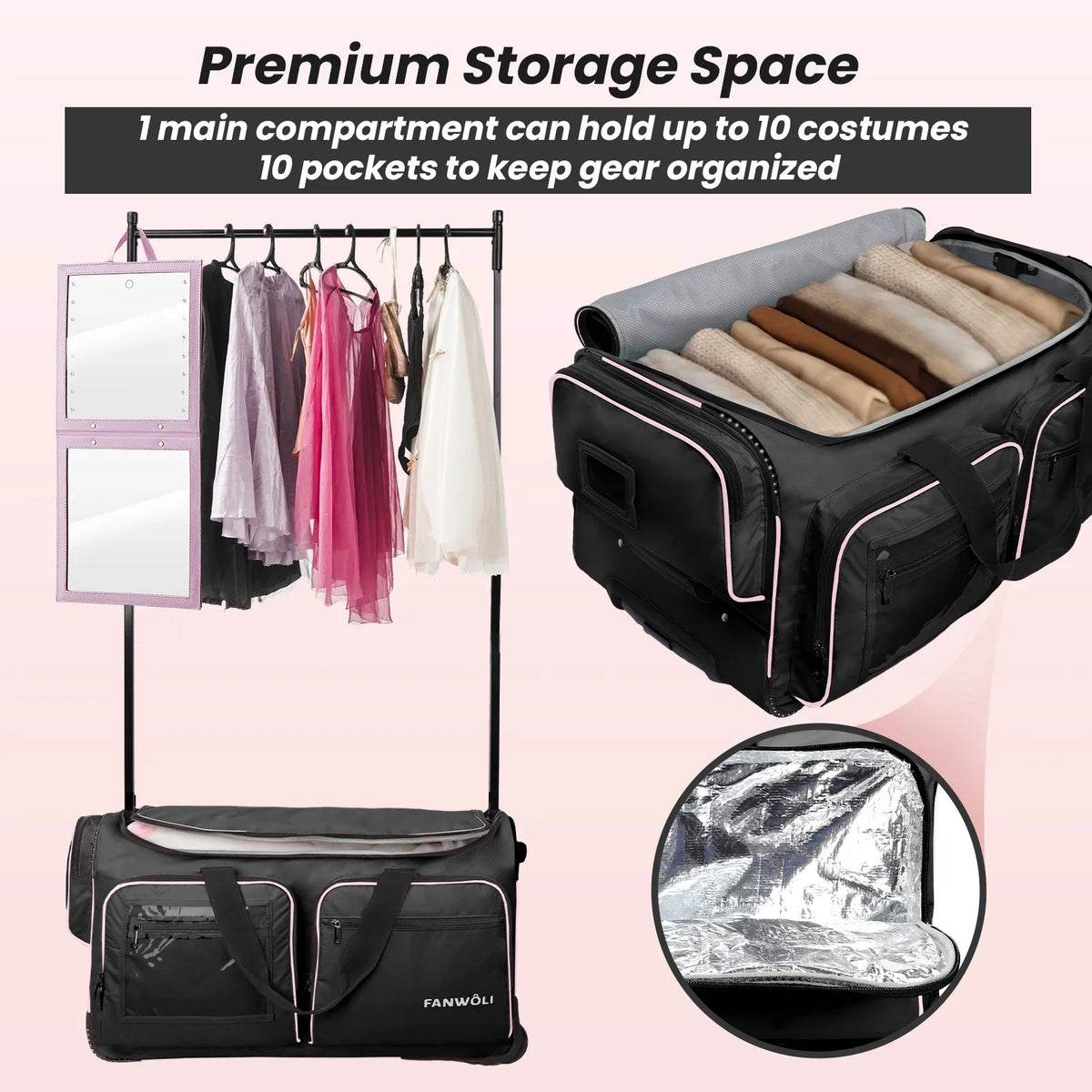 2026 NewFegat Dance Bag with Garment Rack - 28"Collapsible Rolling Competition Dance Duffle Bag Lightweight Costume Wheeled Suitcase for Dancers Shows Livestreamer Athletes