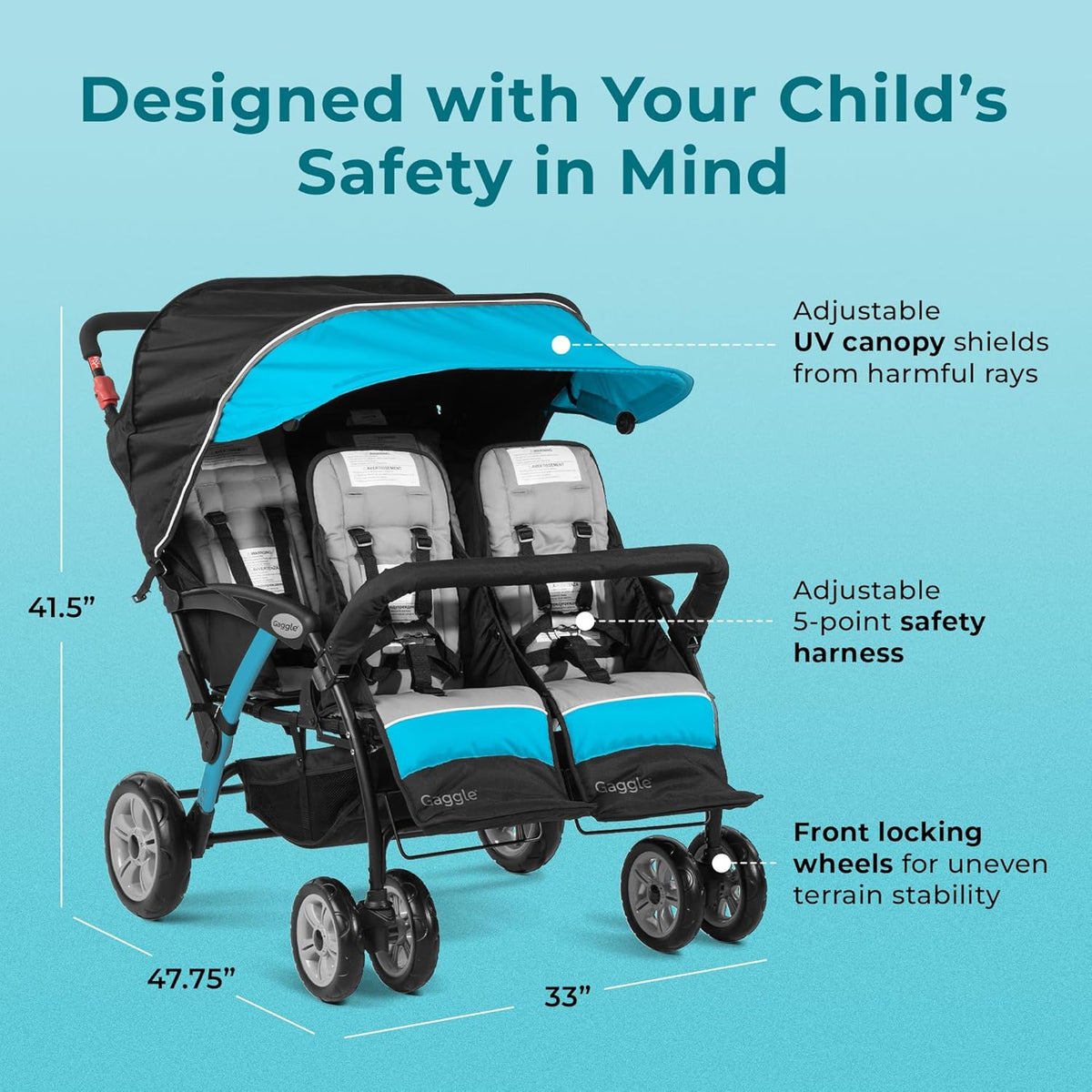 Compass Quad 4 Seat Stroller | 4-Seat Stroller for Daycare | Oversized UV Blocking Canopy | 5-Point Harness | Easy Loading | Storage Bucket | Teal
