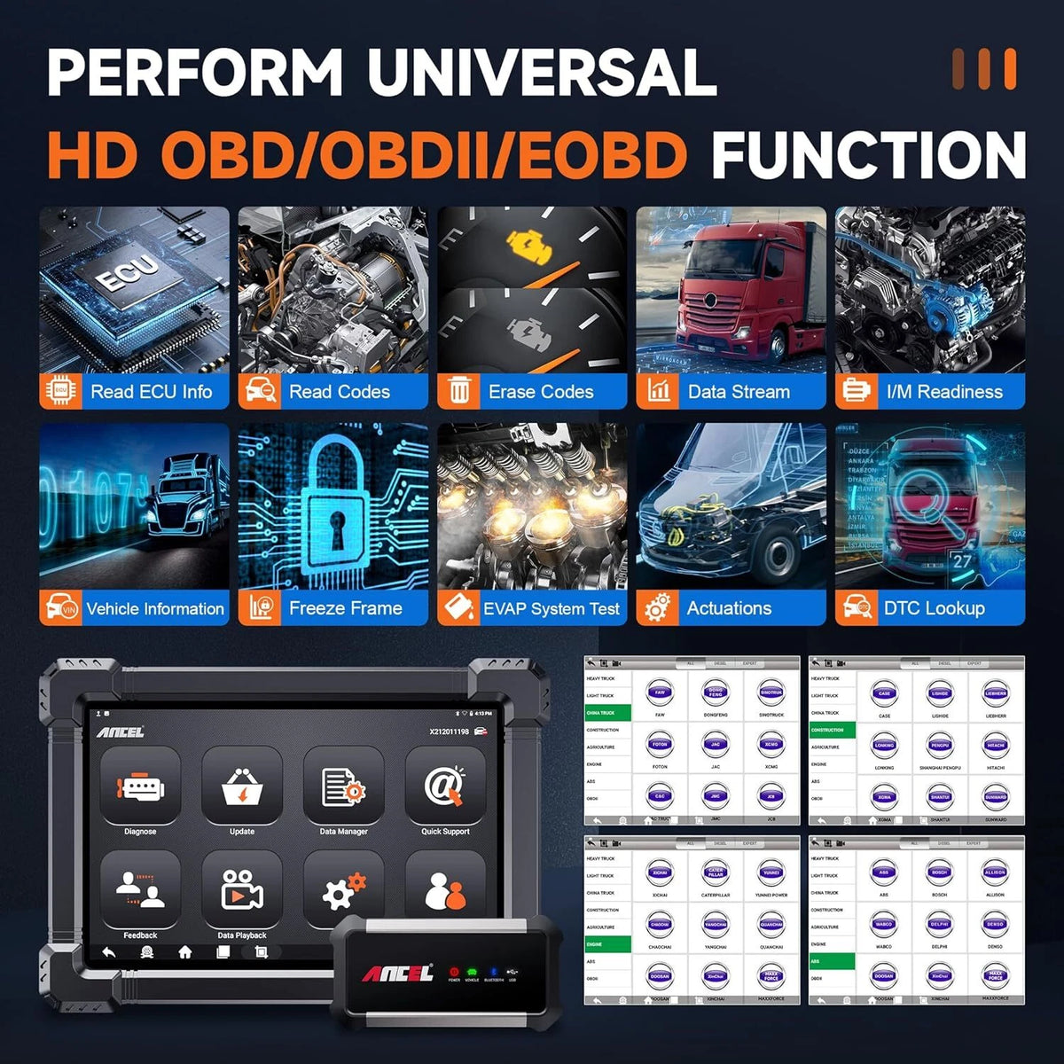 ANCEL X7HD Heavy Duty Diesel Truck Scanner Full System Diagnostic Tool ECU DPF Regen