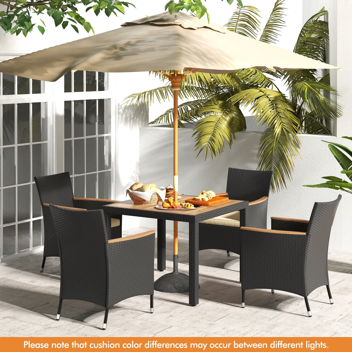 Costway 5 PCS Patio Dining Table Set for 4 Rattan Conversation Set with Umbrella Hole