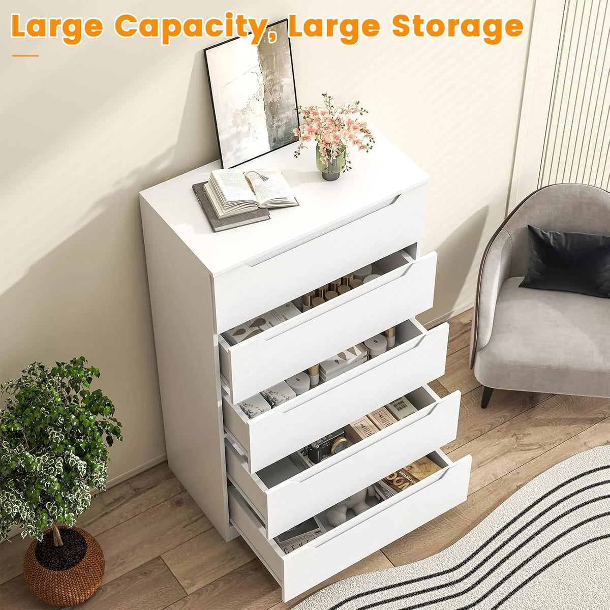 2026 NewWinkalon Vertical 5 Drawer Dresser, Wood Storage Cabinet with Upgraded Stable Base for Bedroom Living Room, Black