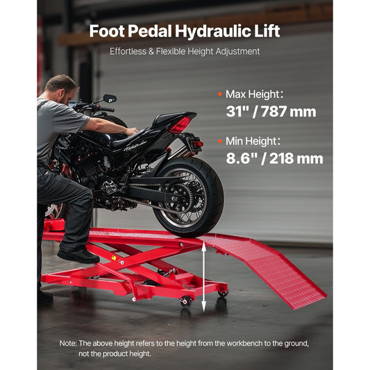 Motorcycle Lift Table, 453 kg Load Capacity, 360° flexible mobile Jack Stand, Height Adjustable From 21.8 to 79 cm, Heavy-duty Repair Stand