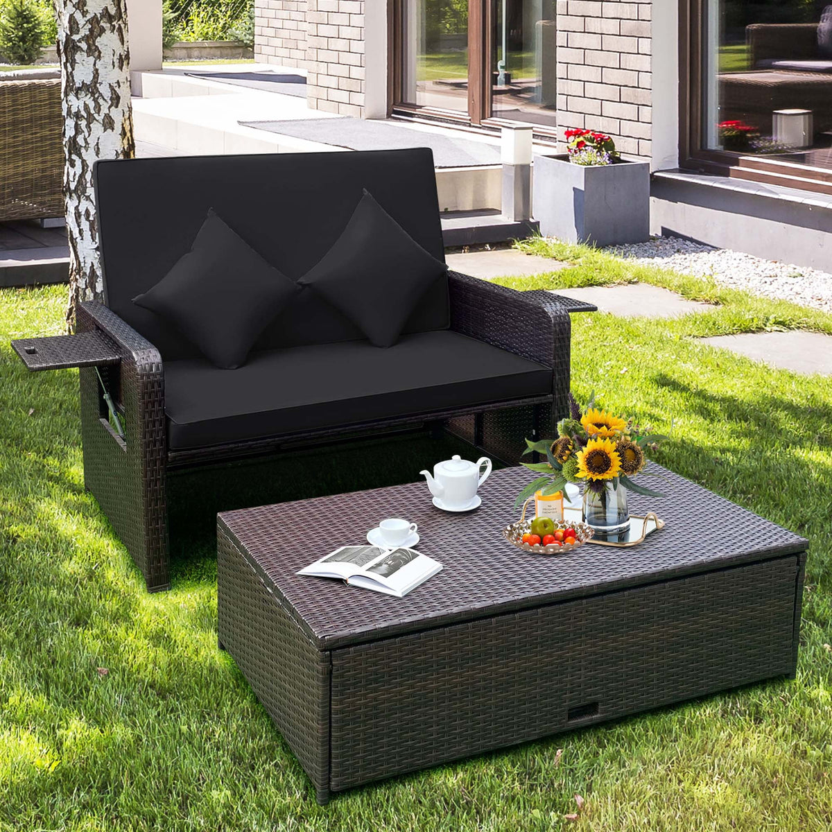 Costway Patio Rattan Loveseat Set Daybed Lounge Storage Ottoman Side Tables Adjust Black