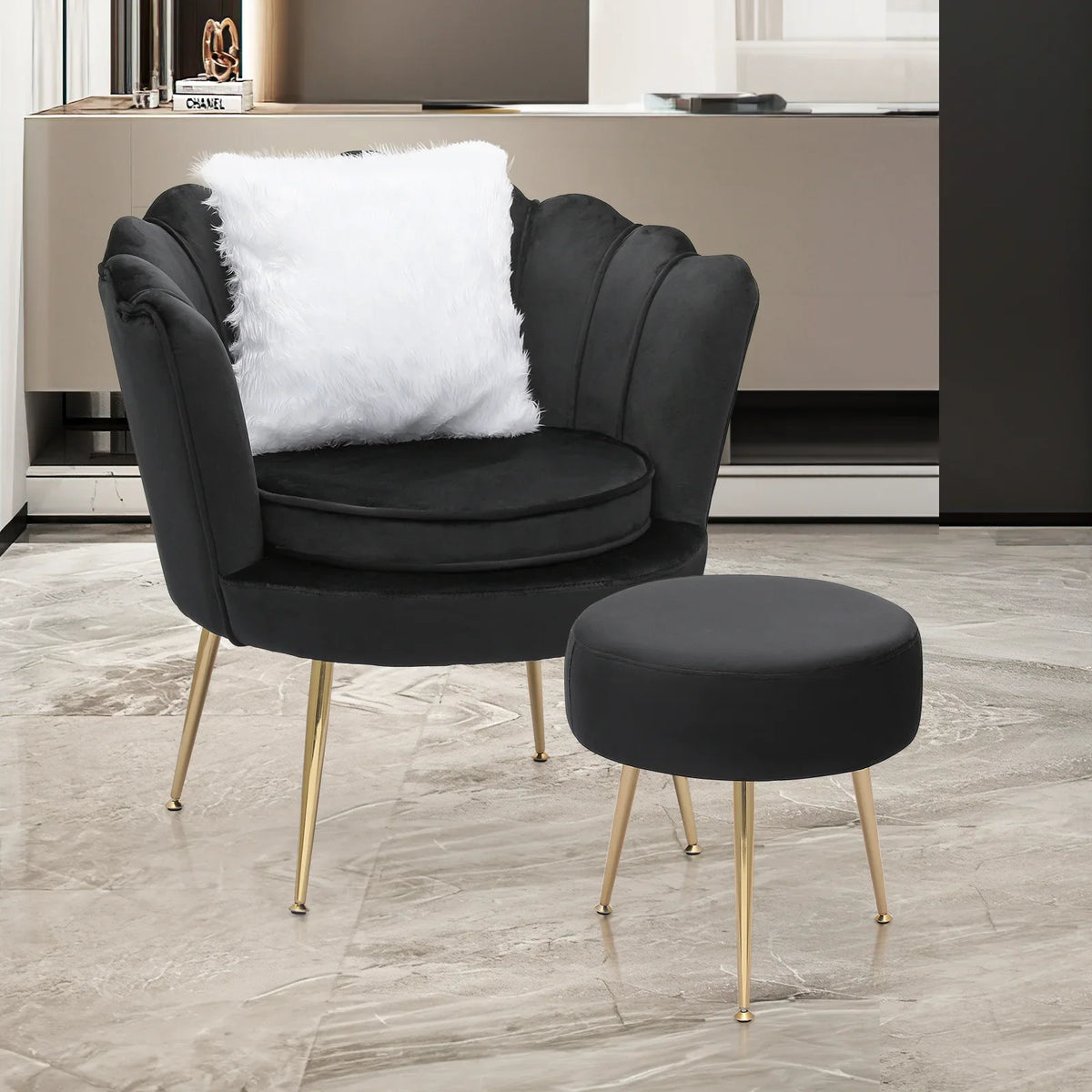 2026 NewMoNiBloom Set of 2 Velvet Tufted Accent Chair with Pillow and Stool, Upholstered Modern Single Sofa Side Chair with Padded Seat and Golden Metal Legs, Living Room Armchair, Black