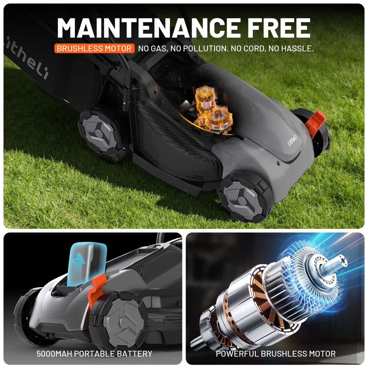 Litheli 20V Cordless Electric Lawn Mower, 14-Inch, Brushless Motor, 5-Position Height Adjustment, with 5.0Ah Battery, for Lawns & Gardens