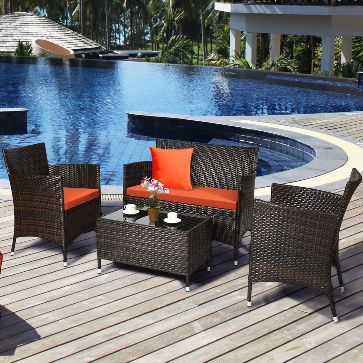 Costway 4PCS Rattan Patio Furniture Set Cushioned Sofa Chair Coffee Table Orange