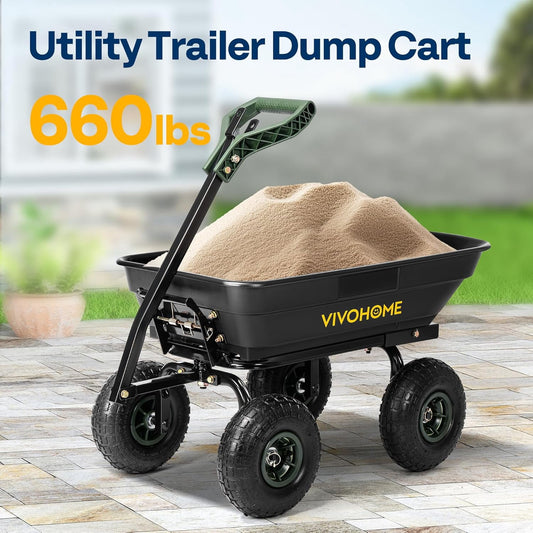 SPECSTAR 4 Cu.Ft. 660lbs. Poly Garden Cart Dump Wagon, with 2-in-1 Convertible Handle, 10" All Terrain Wheels,Quick Release System,Heavy Duty Utility Trailer Dump Cart for Yard,Landscaping,Warehouses