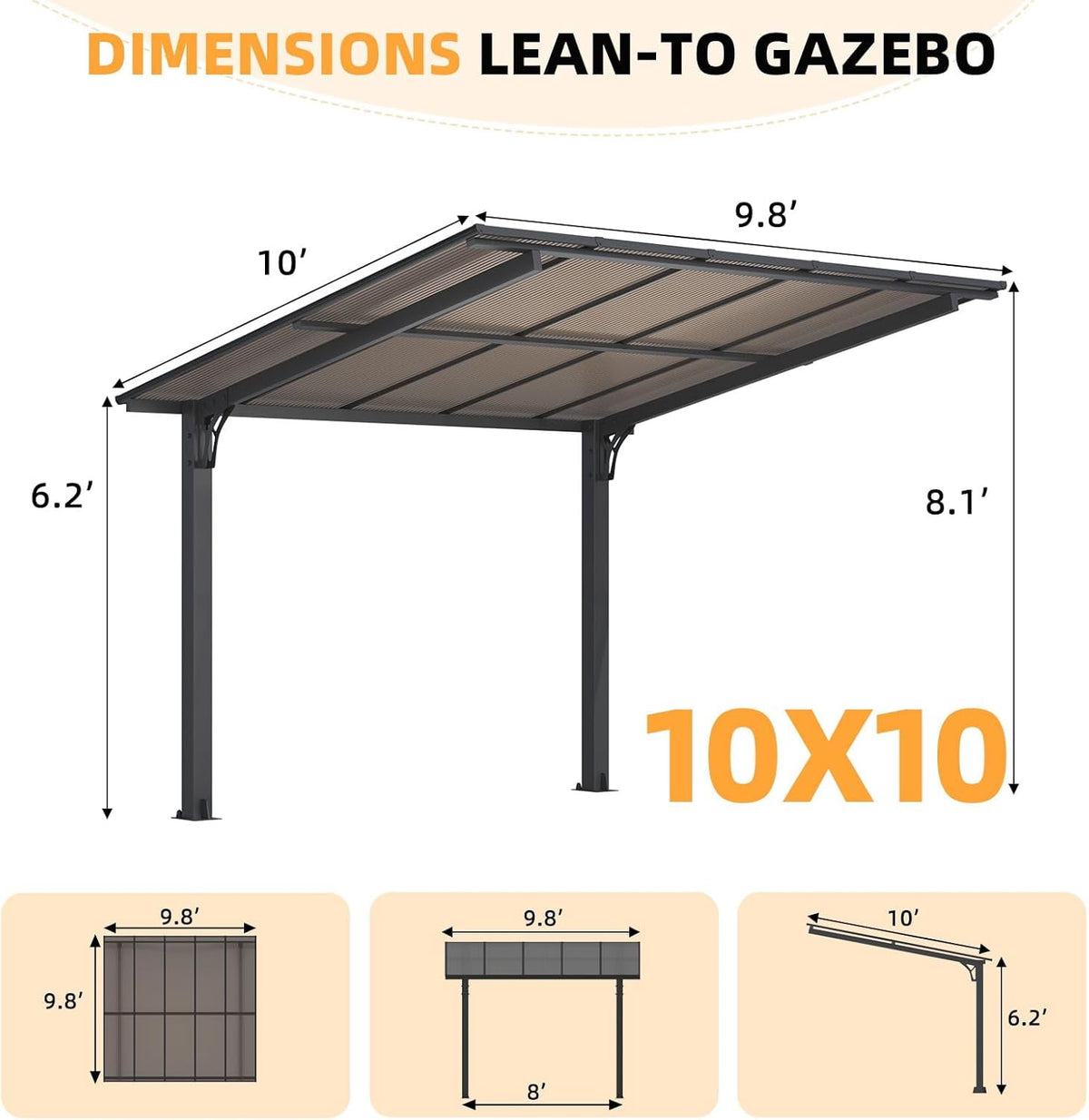 AECOJOY 10'x10' Gazebo, Outdoor Wall Mounted Hardtop Gazebo & Pergola with Aluminum Frame for Patio, Porch and Backyard in Black