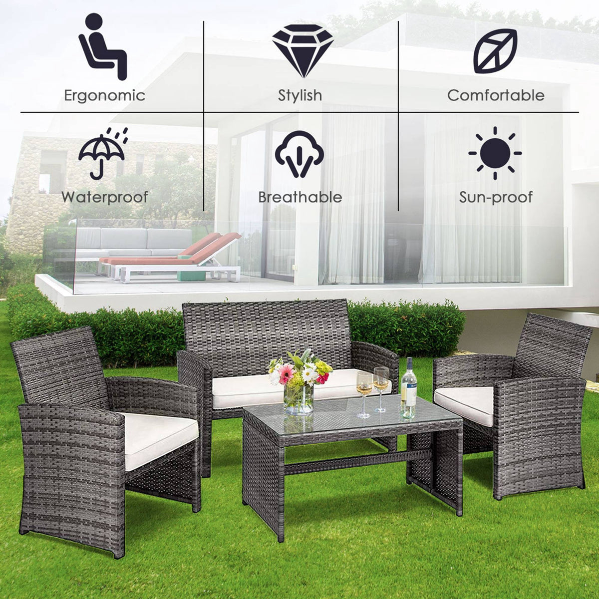 Costway 4PCS Patio Rattan Furniture Set Conversation Glass Table Top Cushioned Sofa