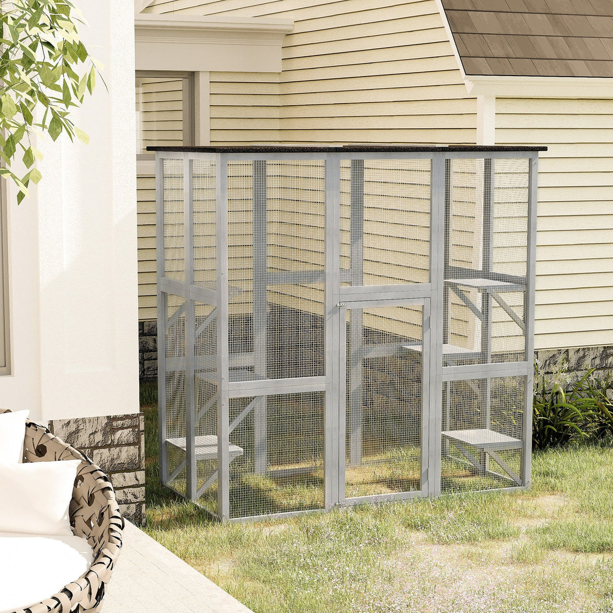2026 NewPawHut Wooden Catio Enclosure with Weather Protection, 6 Platforms, Outdoor, Large, 71" x 38.5" x 71"