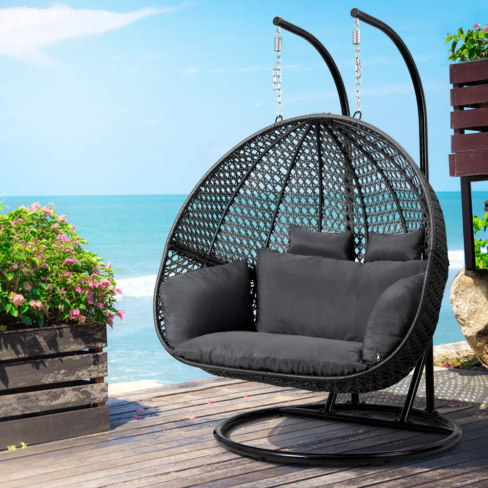 Gardeon Outdoor Egg Swing Chair Wicker Furniture Pod Stand Cushion 2 Seater Grey