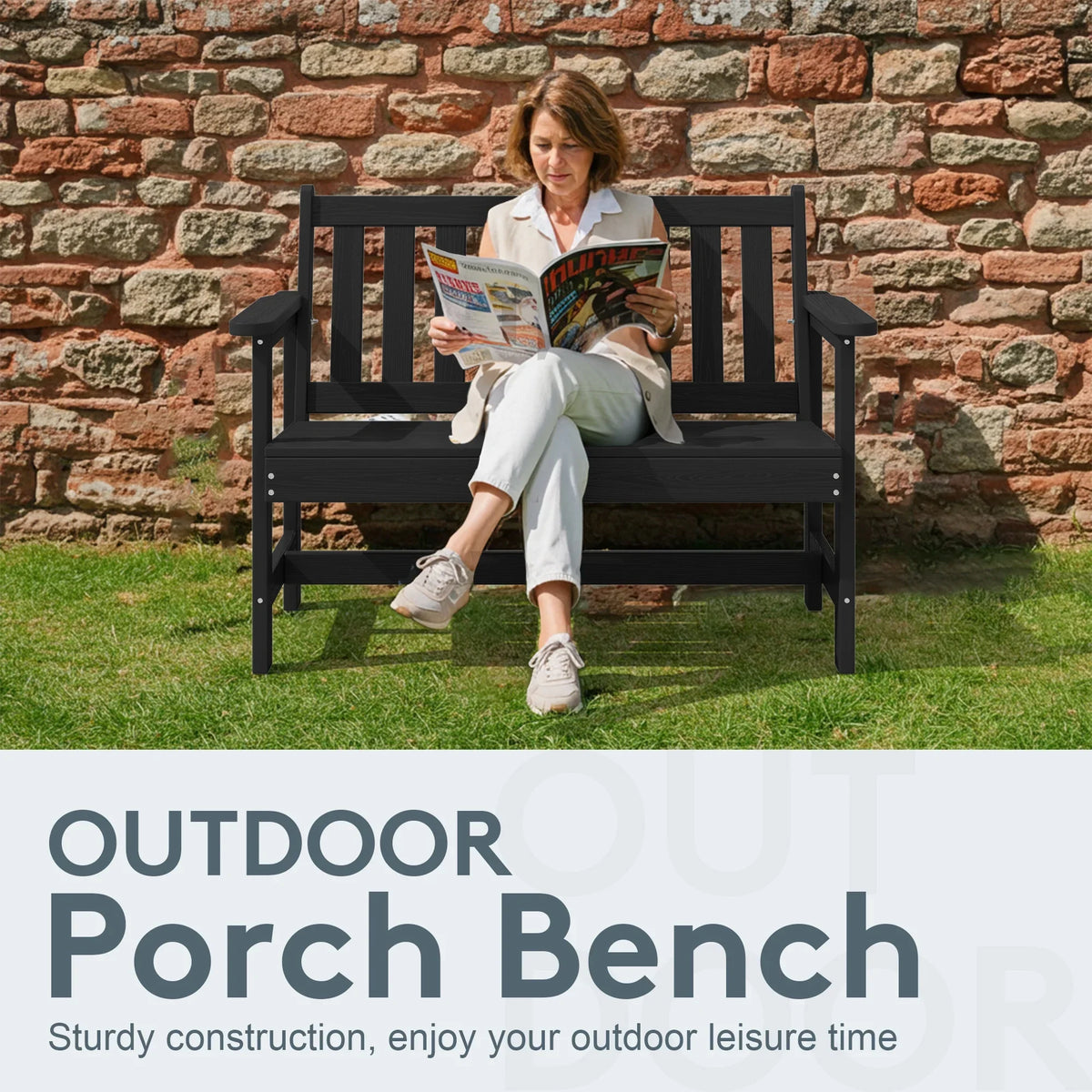 2026 NewSERWALL Outdoor Bench for 2-Person, Weather-Resistant HDPE with Aluminum Reinforcement, Supports 660 lbs, Comfortable Seating for Patio, Garden, and Porch, Black