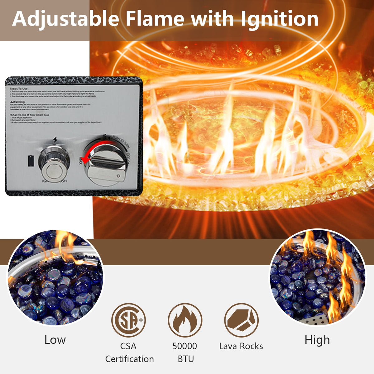 Propane Fire Pit Table – 36" Square 50K BTU – Outdoor Gas Fire Table – Removable Lid & Wind Guard – Blue Glass Rocks – Steel – Includes Rain Cover, Windshield & Gas Cylinder Box – Patio Heater