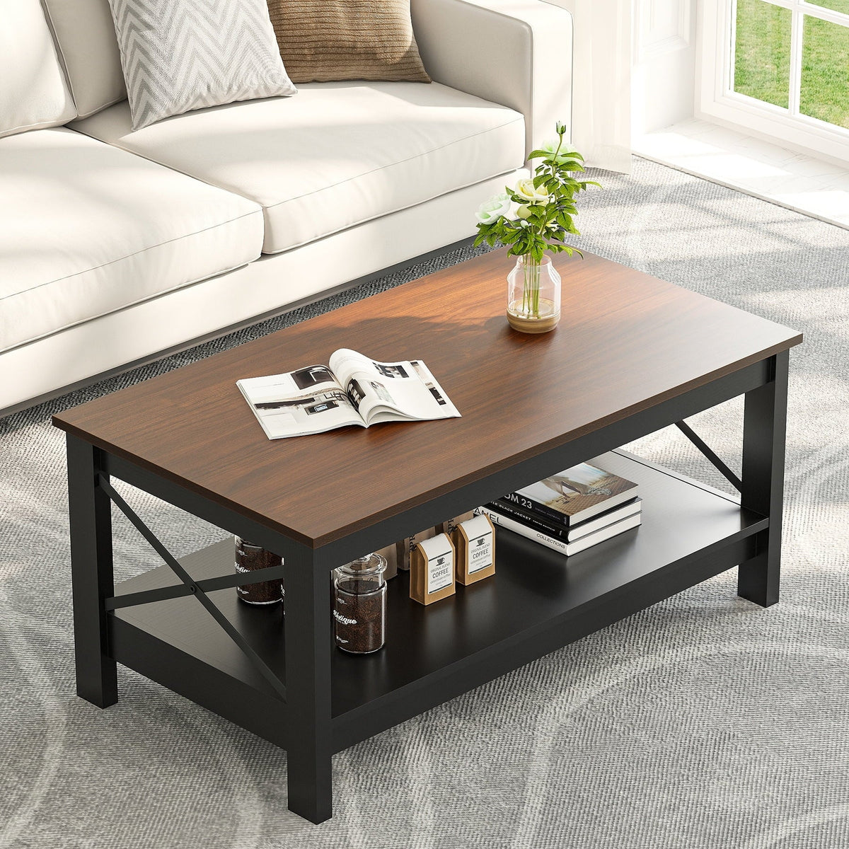 2026 NewMoasis Farmhouse Coffee Table with Storage 2-Tier Center Table for Living Room Grey Wash Top+White