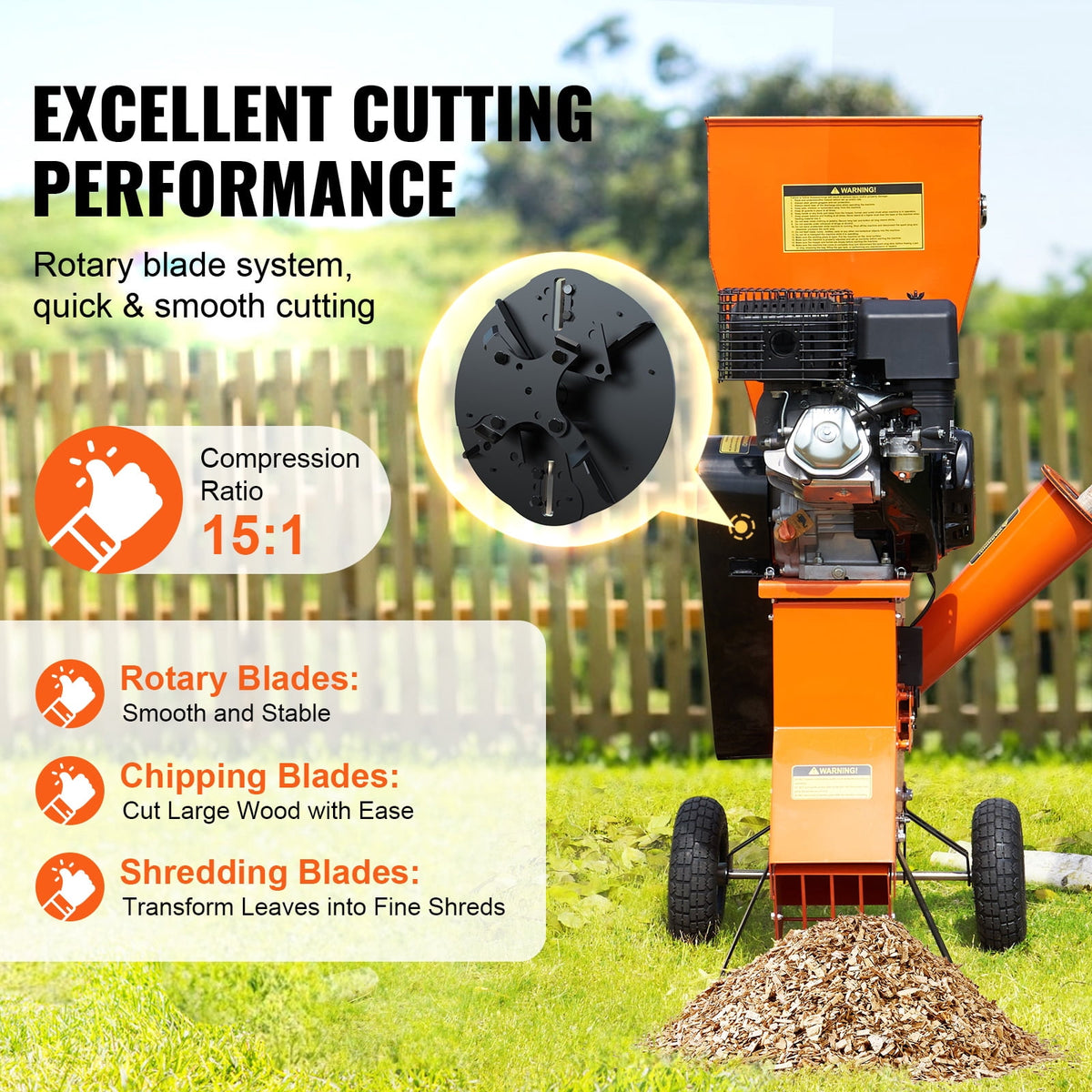 KFFKFF Gas-Powered Wood Chipper Shredder, 12 HP, 420cc Engine, Capable of 6.7” Diameter Chipping, Efficient for Forestry, Garden Clean-up, and Landscaping Tasks, Complies with CE/EMC/EPA Standards
