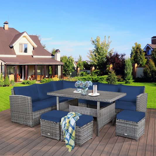 Costway 7 PCS Patio Rattan Dining Set Sectional Sofa Couch Ottoman Navy