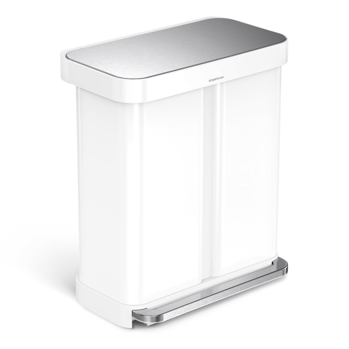 2026 Newsimplehuman 58 Liter / 15.3 Gallon Rectangular Dual Compartment Recycling Step, Brushed Stainless Steel with Soft-Close Plastic Lid Kitchen Trash Can