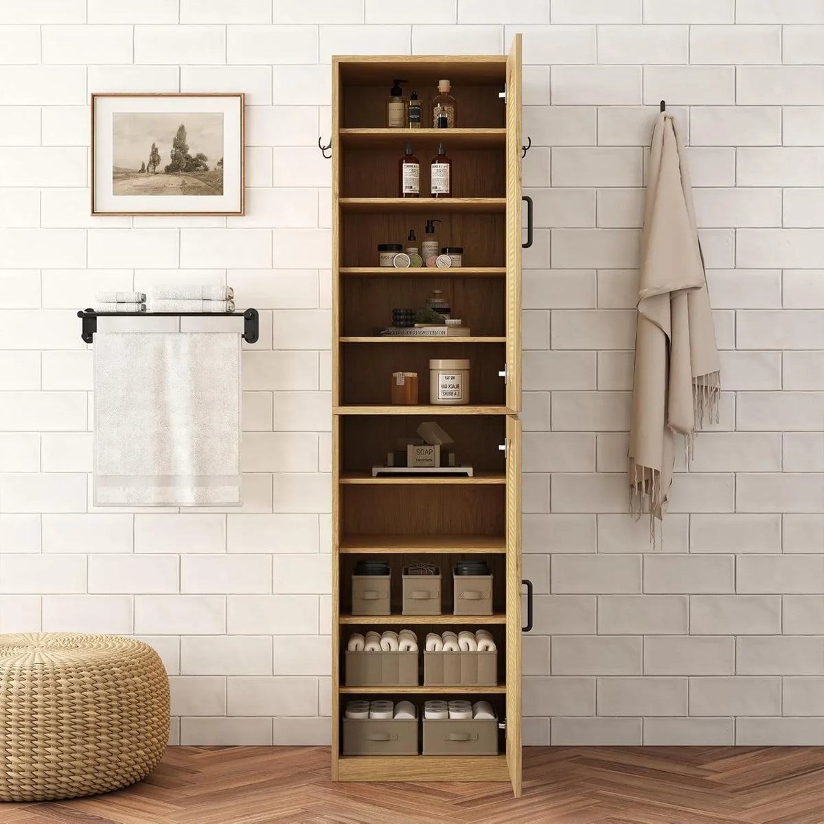 2026 New66-Inch Bathroom Storage Cabinet with Rattan Doors, Bath Room Organizer Floor Cabinets Brown