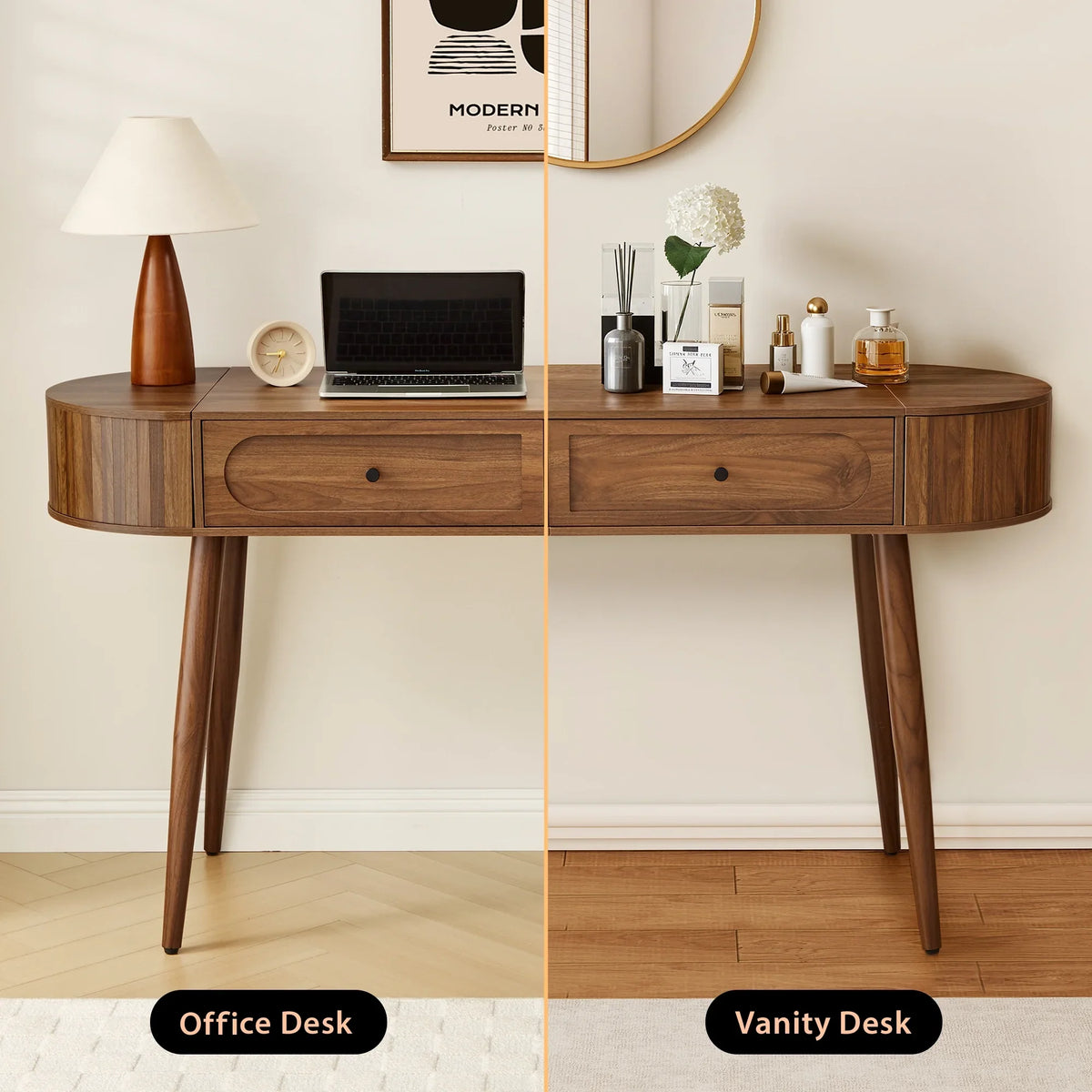 2026 NewYOCWO Modern Home Office Desk with 2 Drawers and 2 Fflip-top Storage, Oval Computer PC Desk Table, Vanity Desk with Fluted Curved Table Edge, Walnut