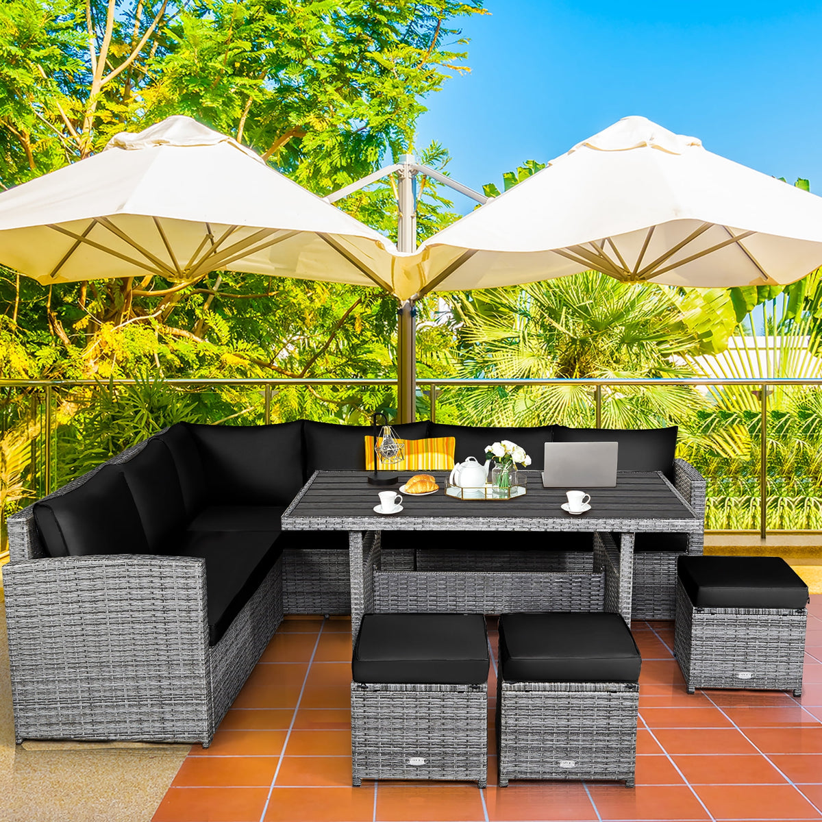 Costway 7 PCS Patio Rattan Dining Set Sectional Sofa Couch Ottoman Garden Black
