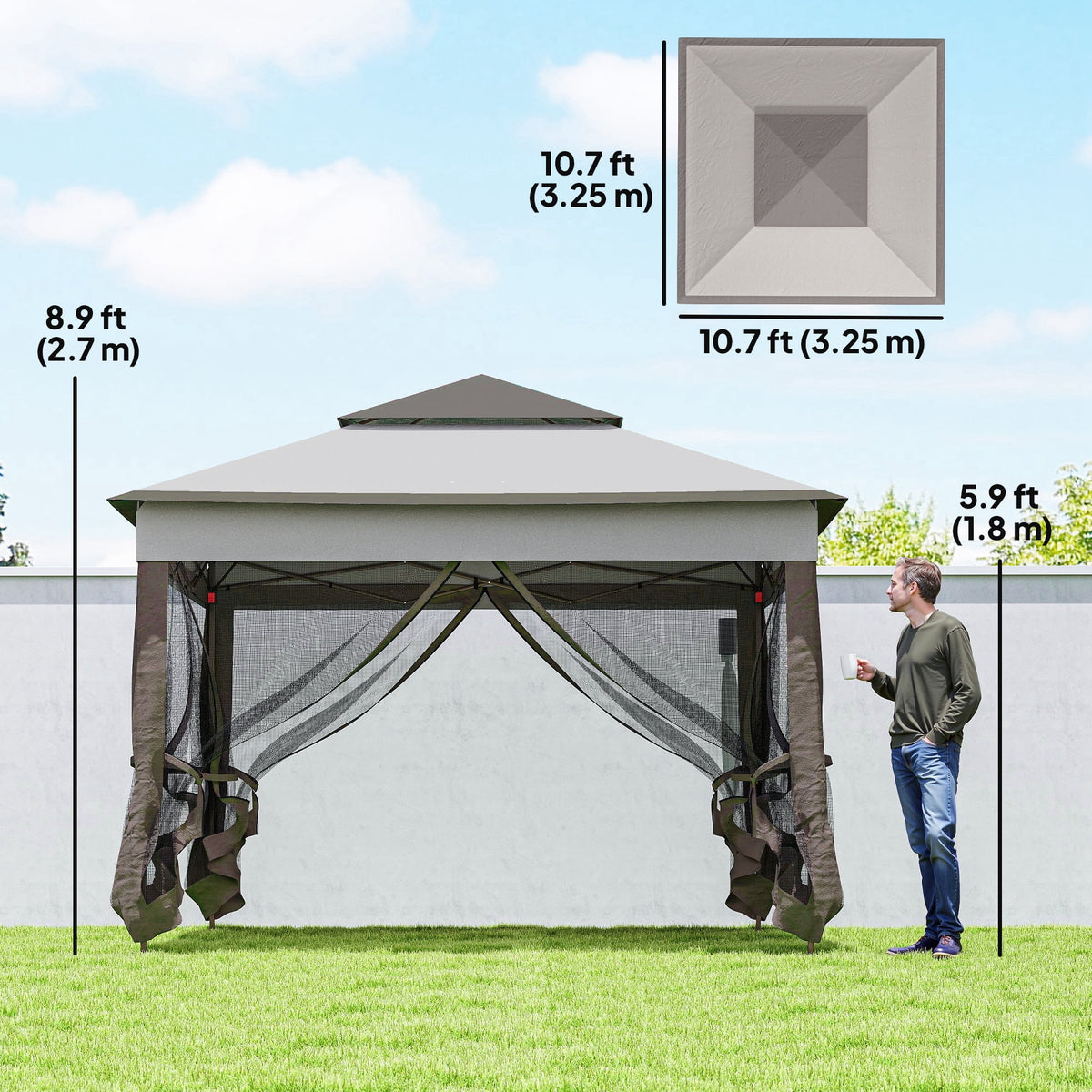11'x11' Pop Up Gazebo 2-Tier Soft Top Gazebo w/ Mesh Netting, Mixed Grey