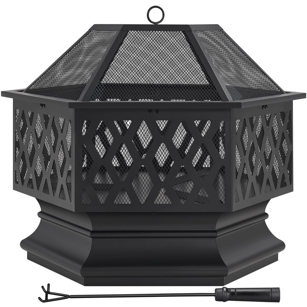 Yaheetech 28" Hex Shaped Fire Pit with Spark Screen, Black