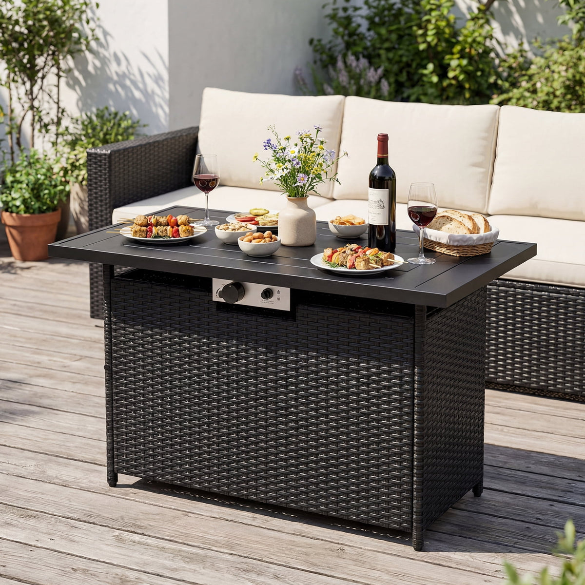 Gymax Propane Fire Pit Table 50000 BTU Wicker Gas Firepit w/ Hidden Tank Storage