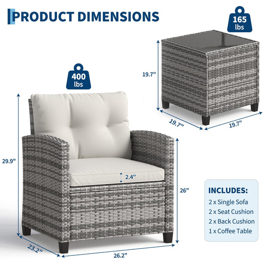 3 Piece Patio Furniture Set, PE Rattan Outdoor Furniture Set with Tempered Glass Table and Cushions, Patio Conversation Set for Balcony and Poolside, Grey and Beige